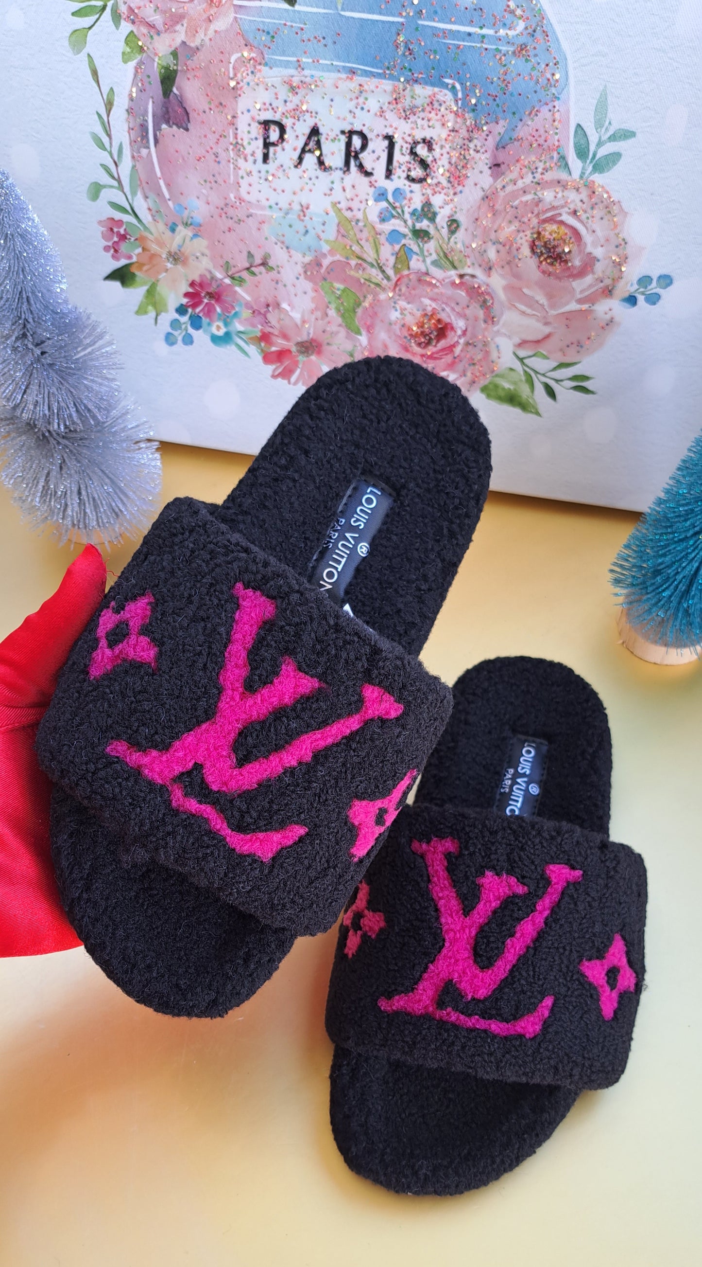 Luxury Fur Slippers _ LV  Black - Hot Pink