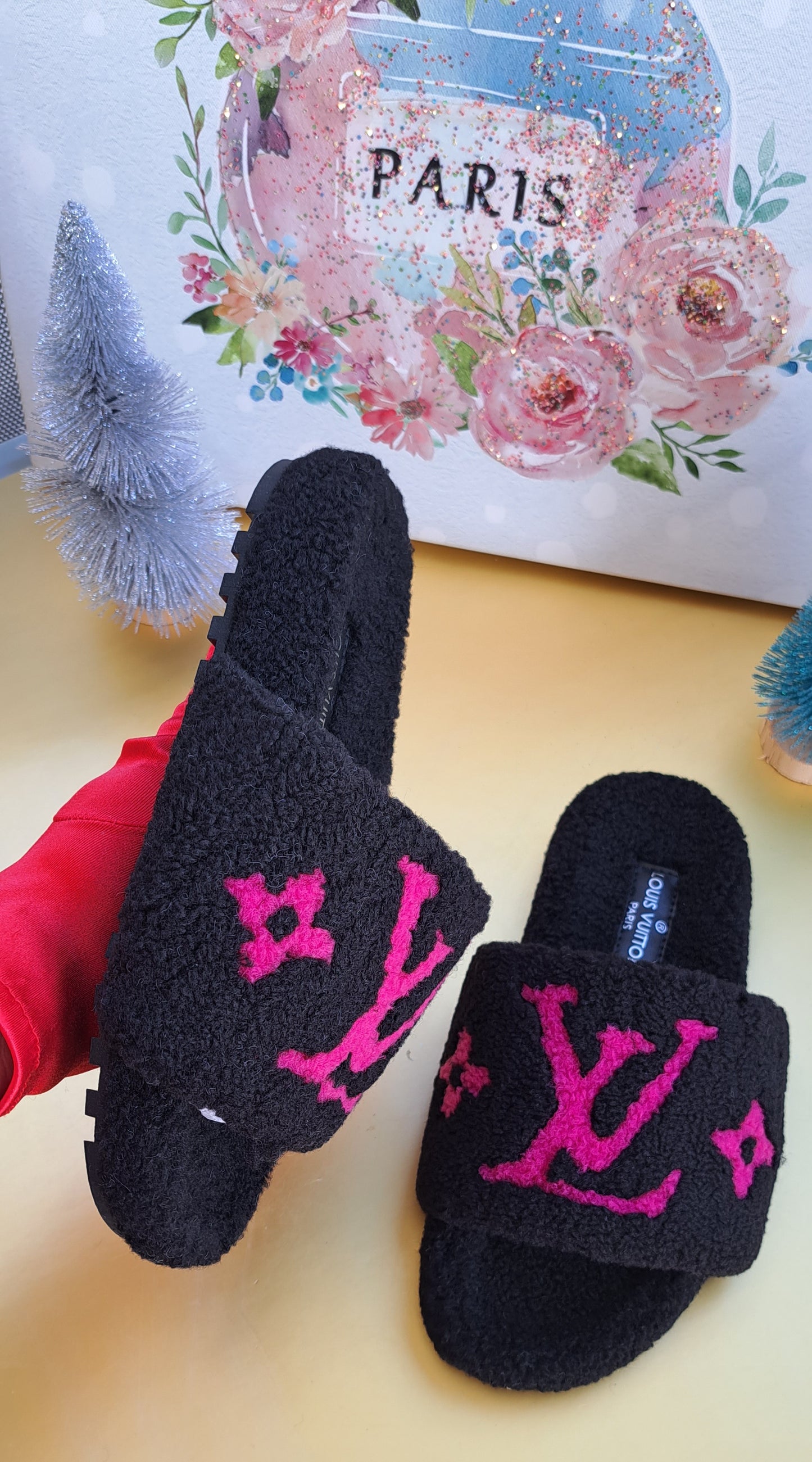 Luxury Fur Slippers _ LV  Black - Hot Pink