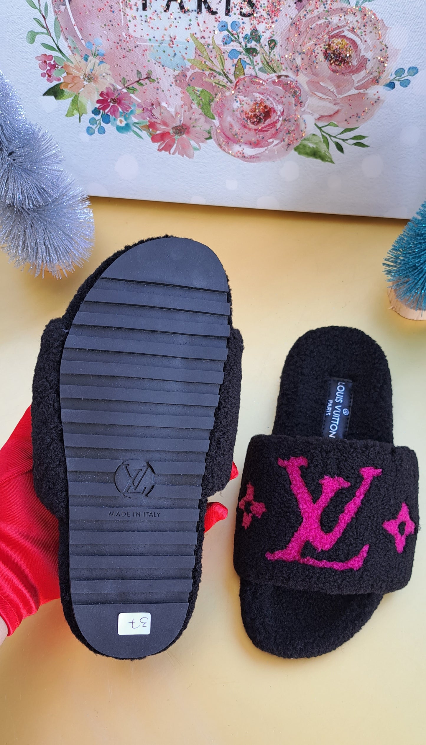 Luxury Fur Slippers _ LV  Black - Hot Pink