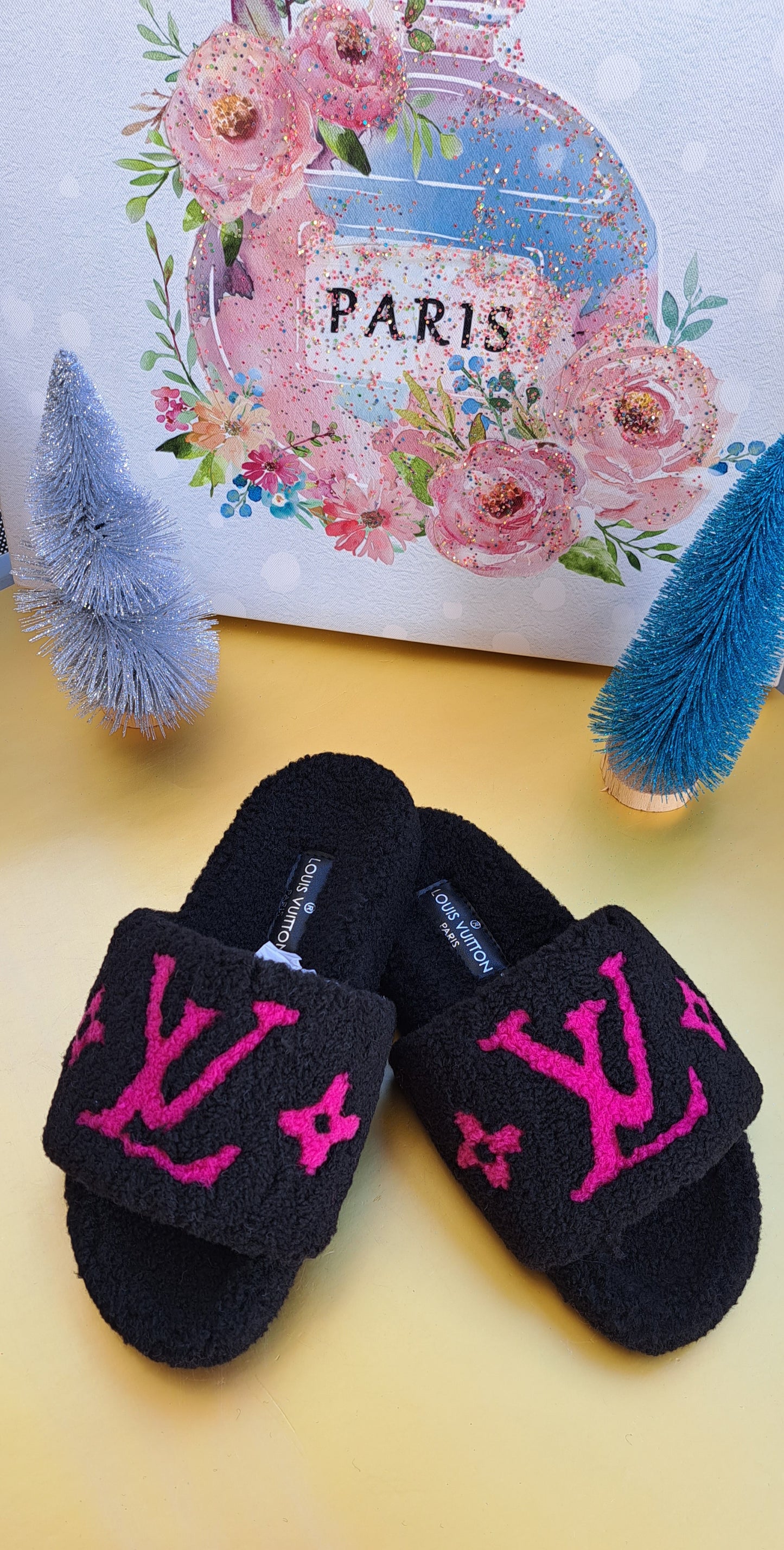 Luxury Fur Slippers _ LV  Black - Hot Pink