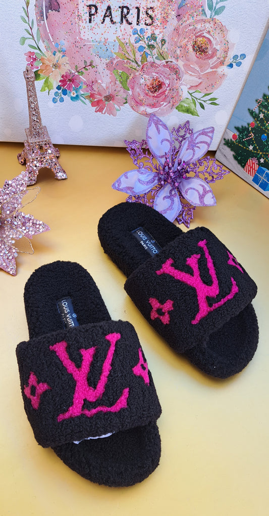 Luxury Fur Slippers _ LV  Black - Hot Pink