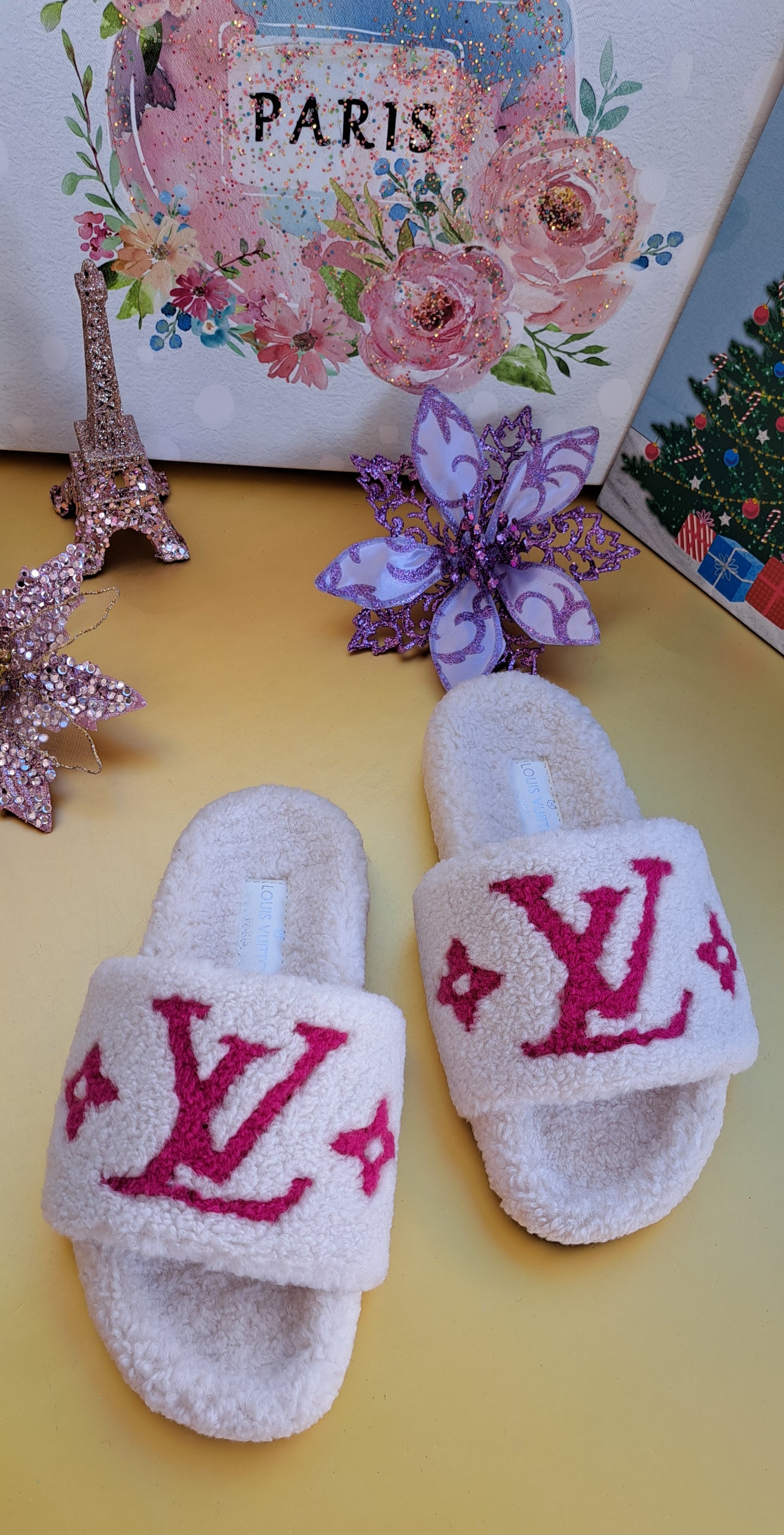 Luxury Fur Slippers _ LV White-Hot Pink