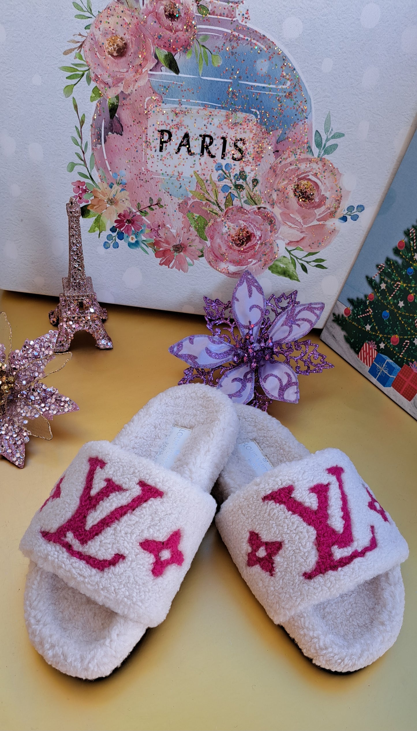 Luxury Fur Slippers _ LV White-Hot Pink