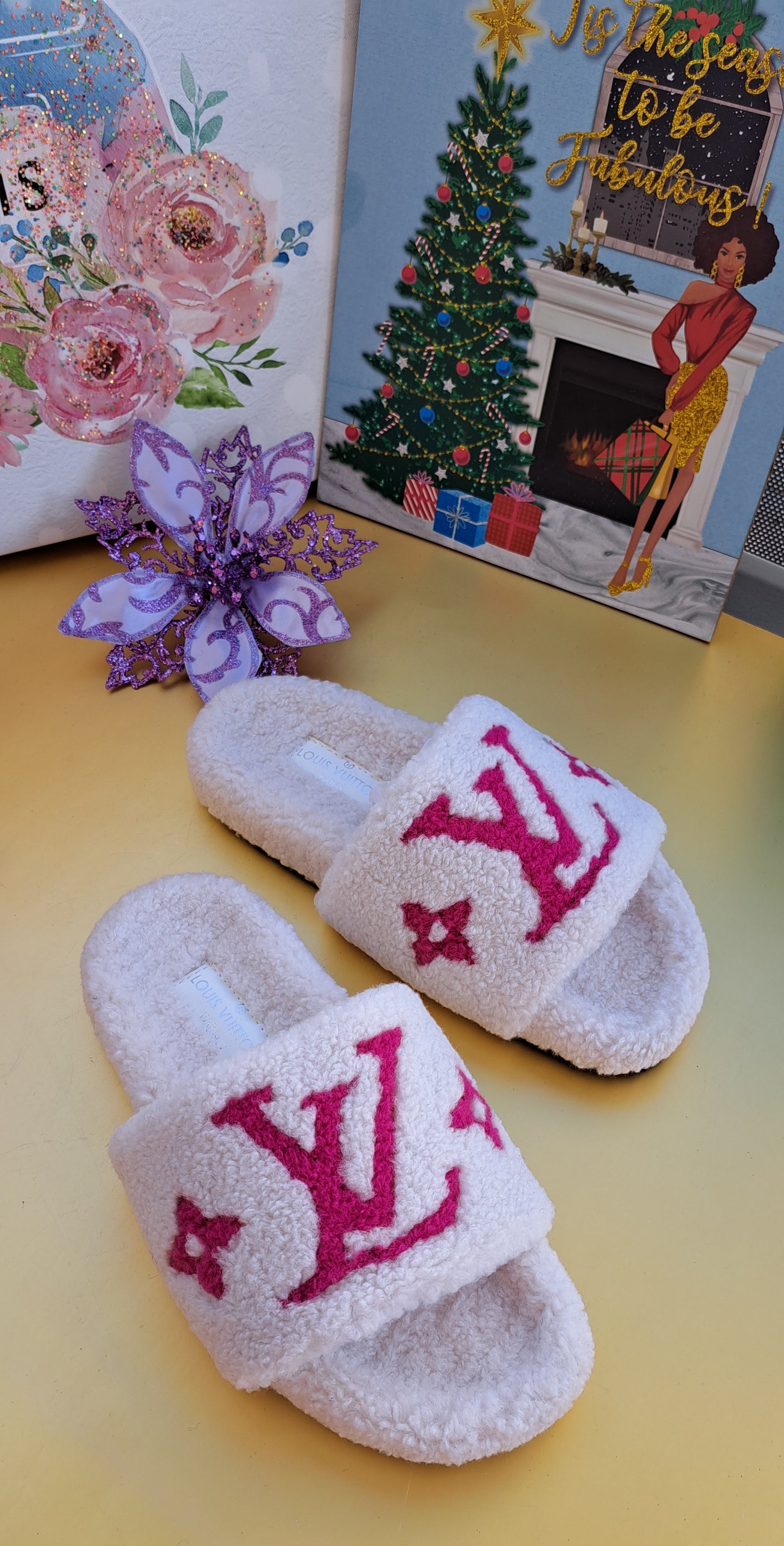 Luxury Fur Slippers _ LV White-Hot Pink