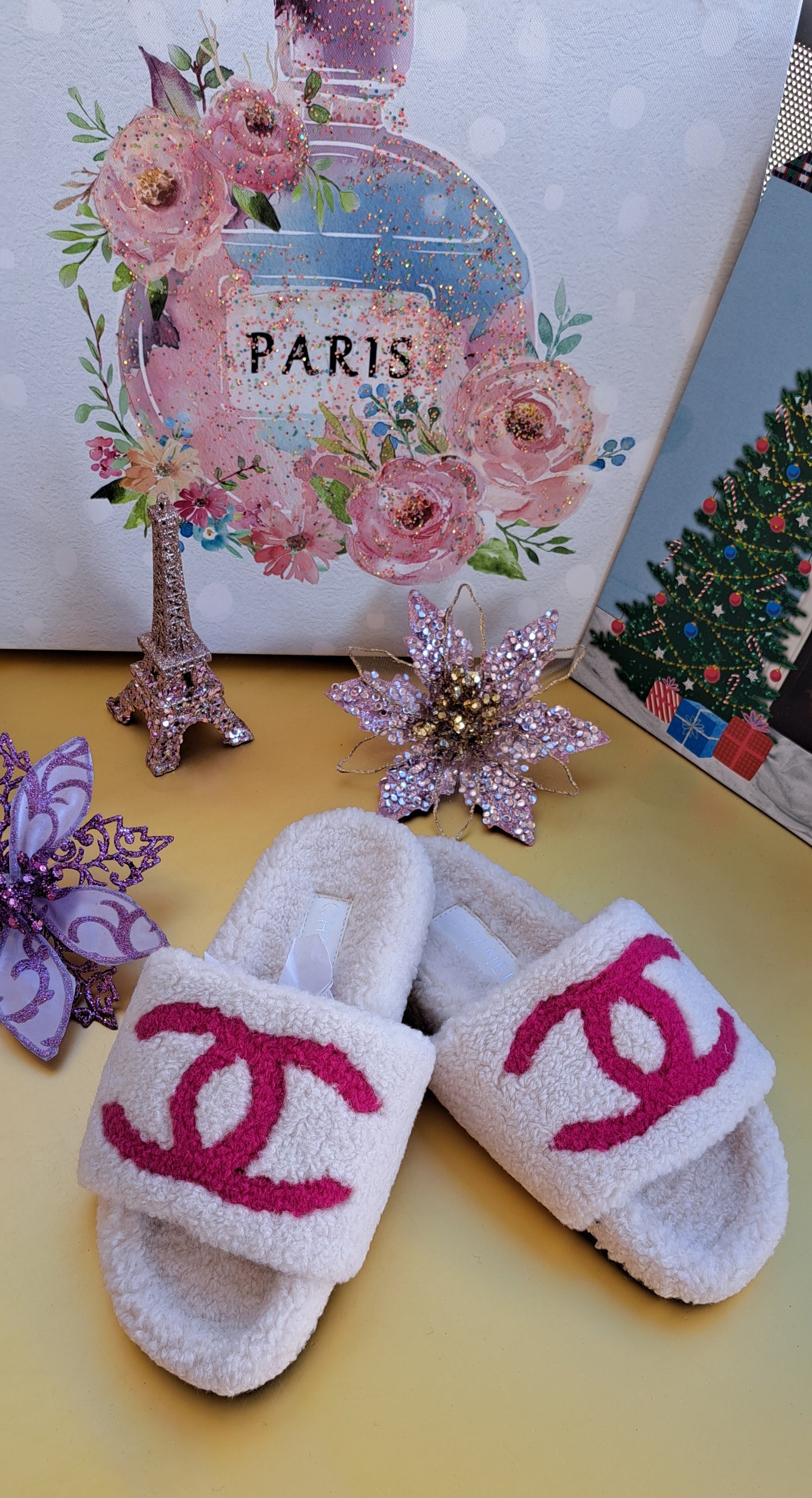 Luxury CC Fur Slippers _ White - Hot Pink