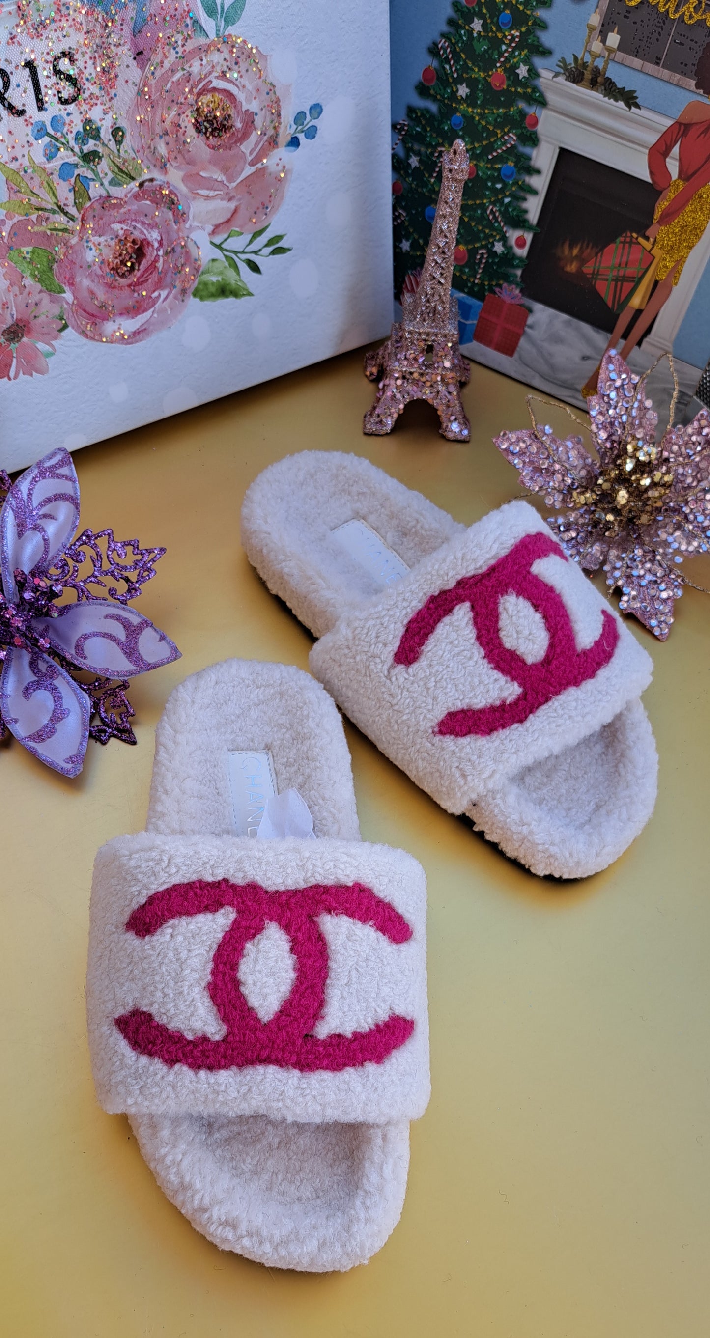 Luxury CC Fur Slippers _ White - Hot Pink