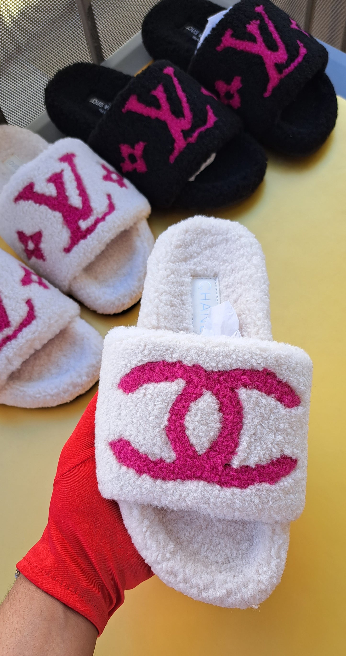 Luxury CC Fur Slippers _ White - Hot Pink