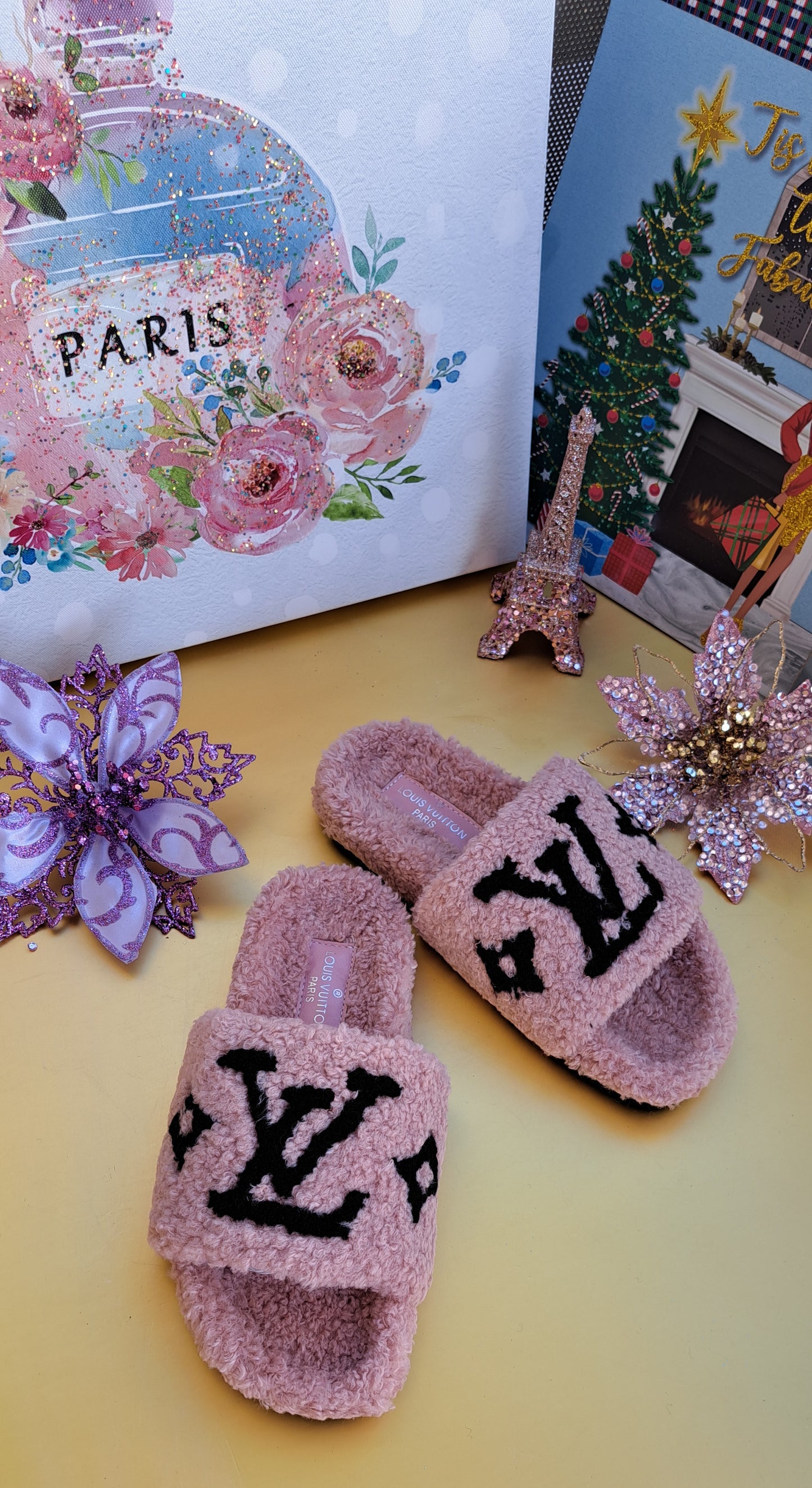 Luxury Fur Slippers _  LV Pink