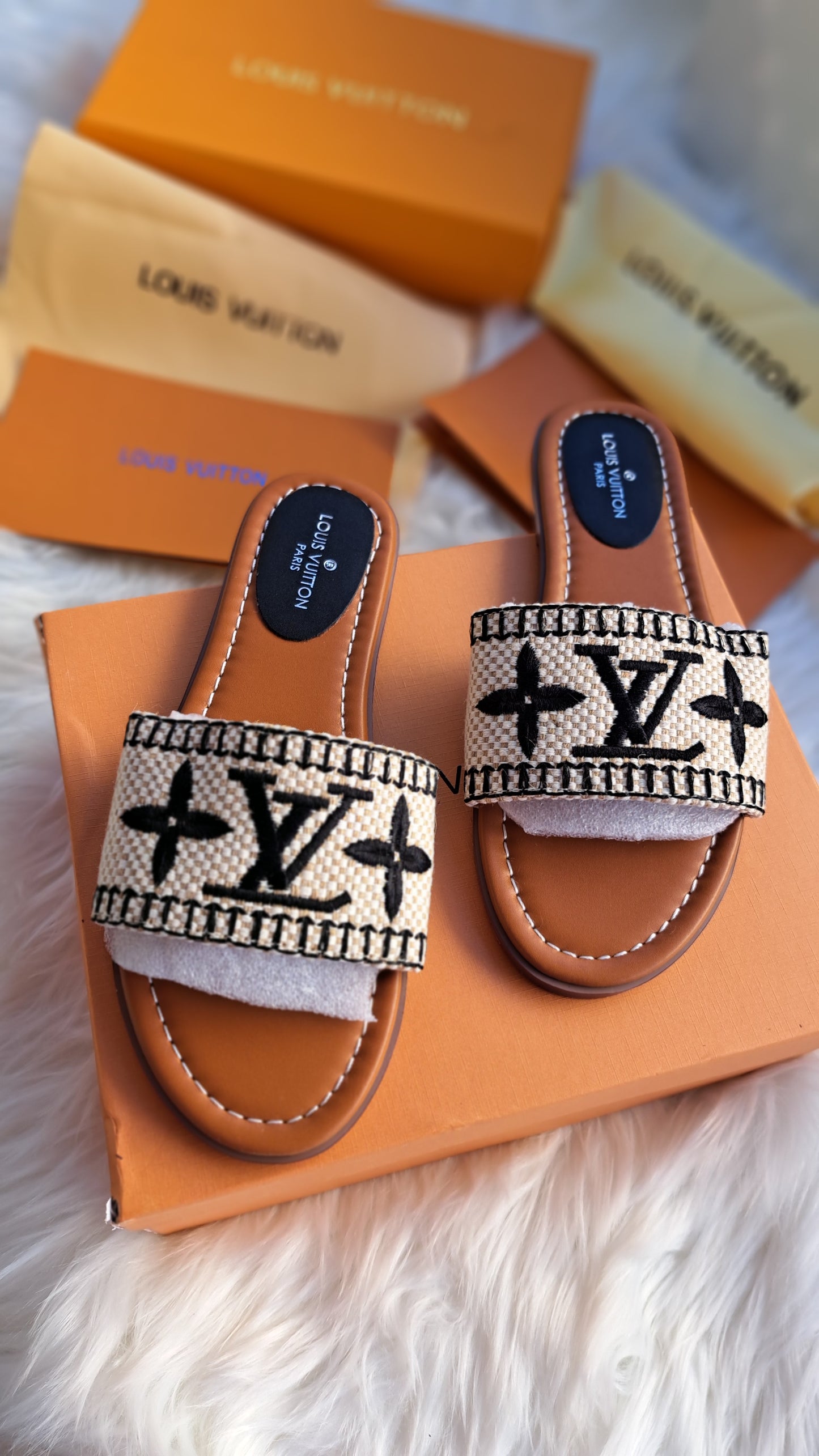 LV Print Embroidered Sandals - Black