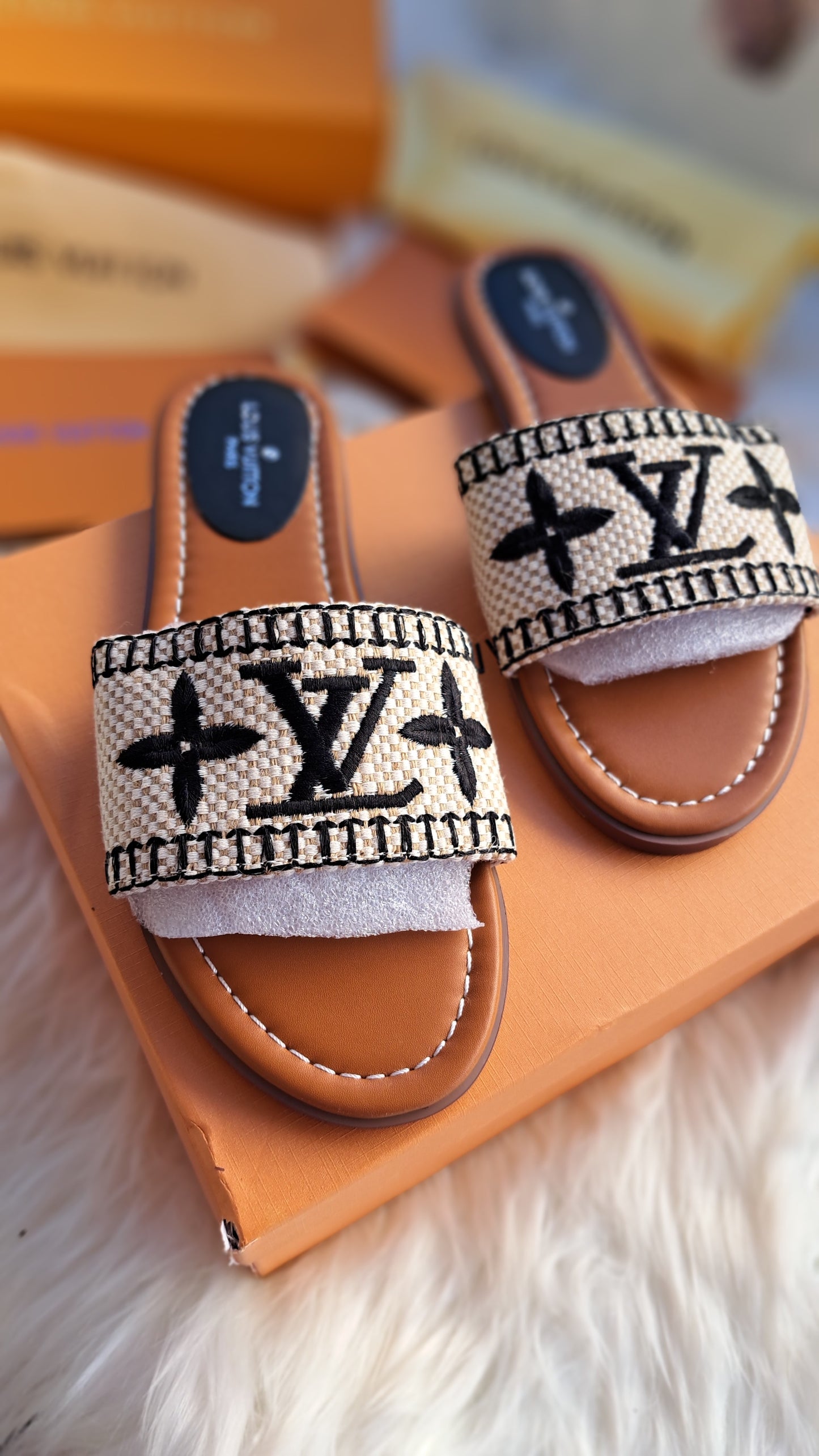 LV Print Embroidered Sandals - Black