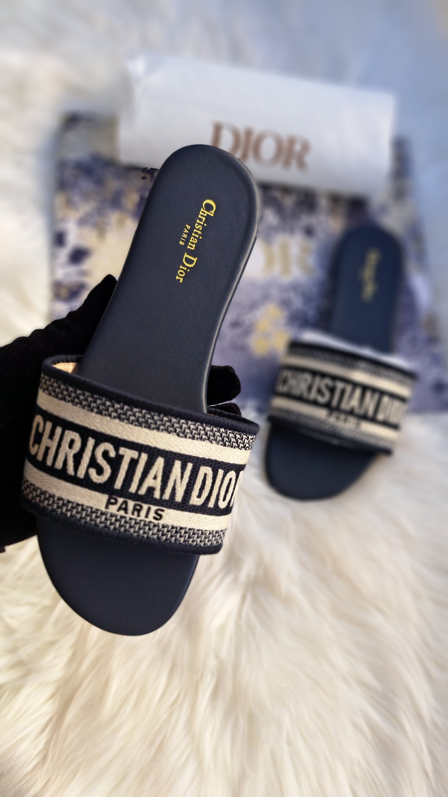 CD EMBROIDED NAVY BLUE SANDALS