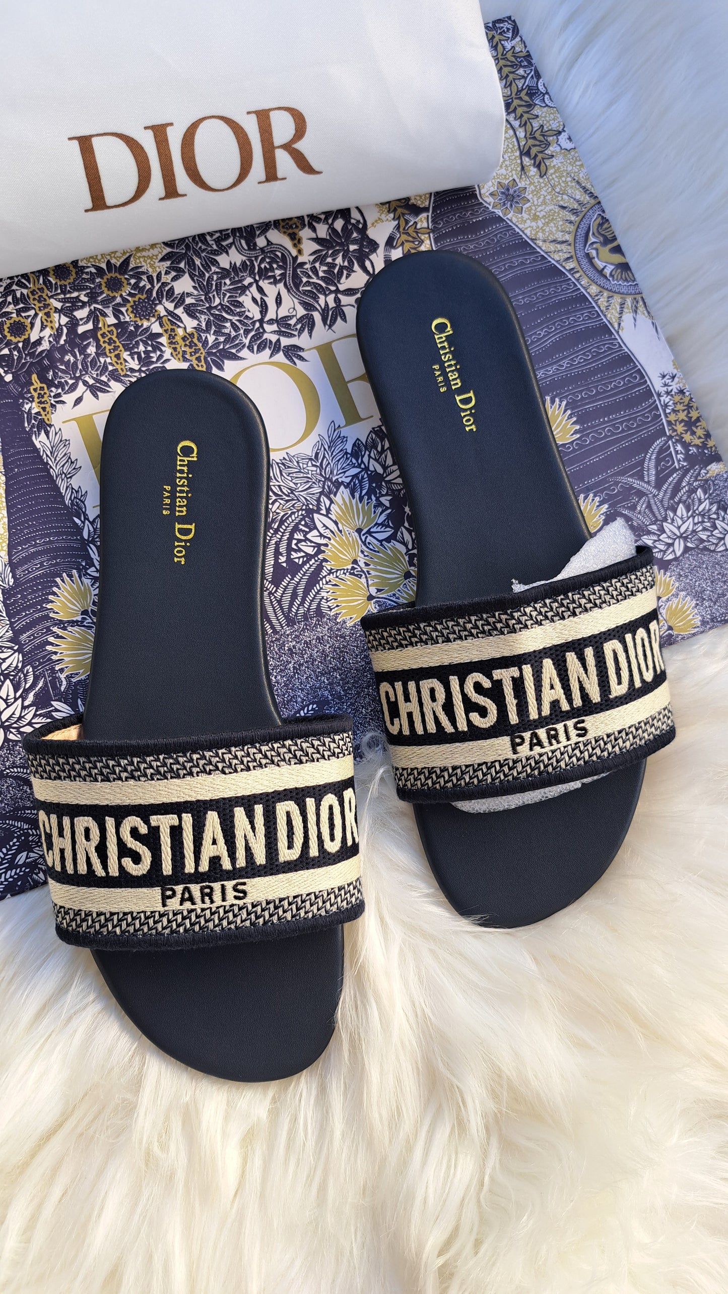 CD EMBROIDED NAVY BLUE SANDALS