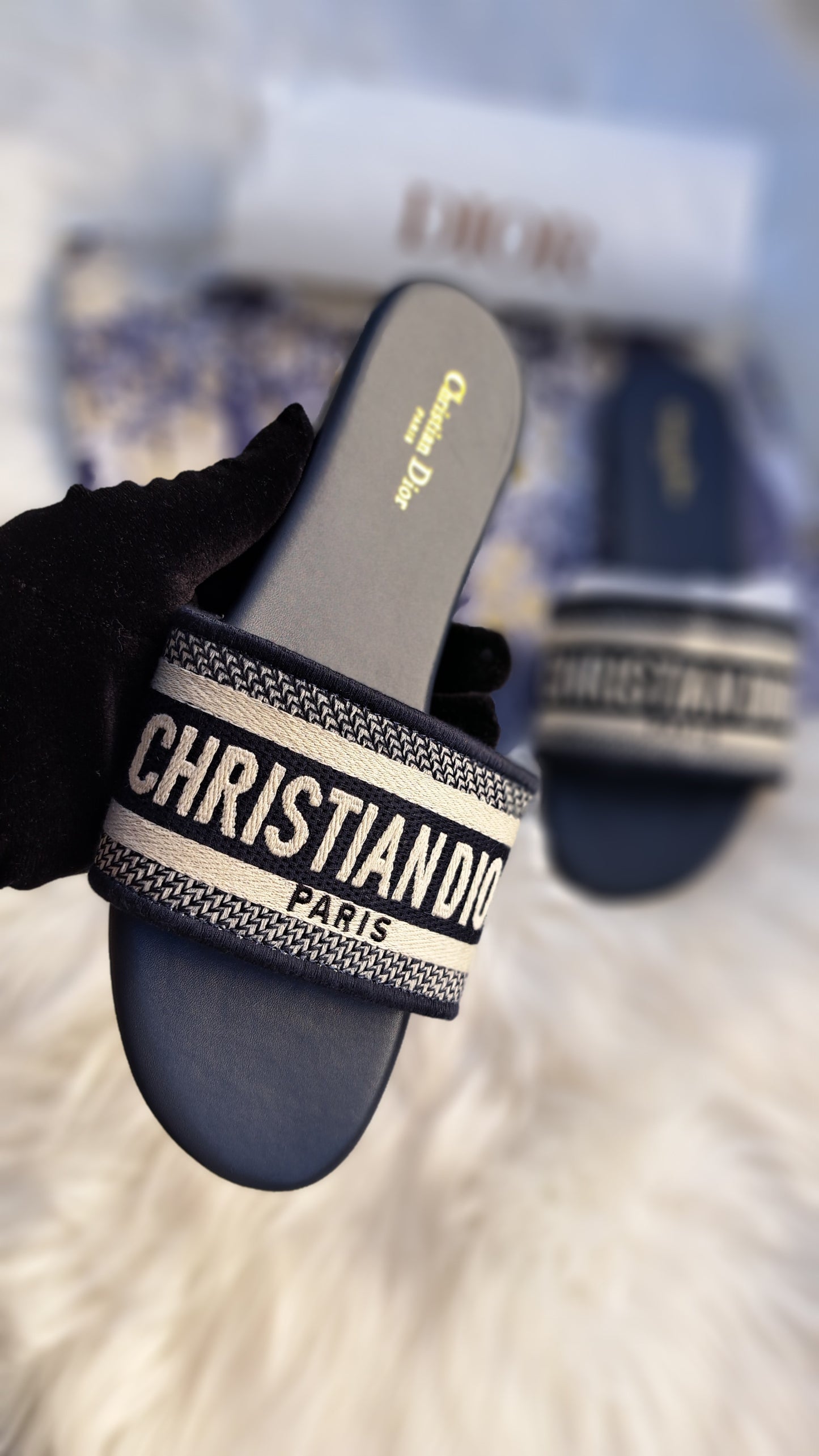 CD EMBROIDED NAVY BLUE SANDALS