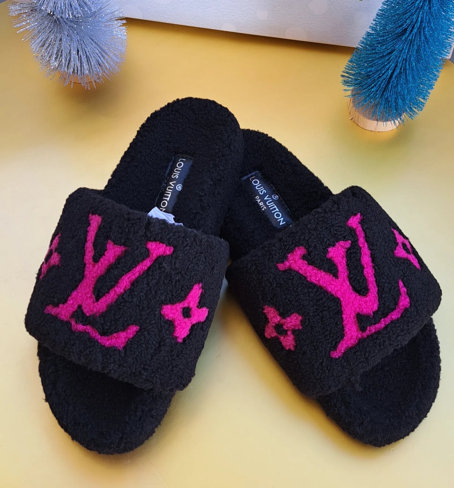 Luxury Fur Slippers _ LV  Black - Hot Pink