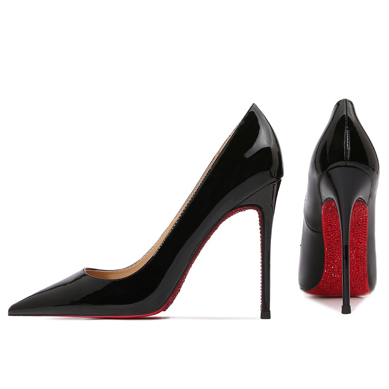 C.LOUBOUTIN - Red Bottom Rhinestones | Black Pattern Leather - 10 cm