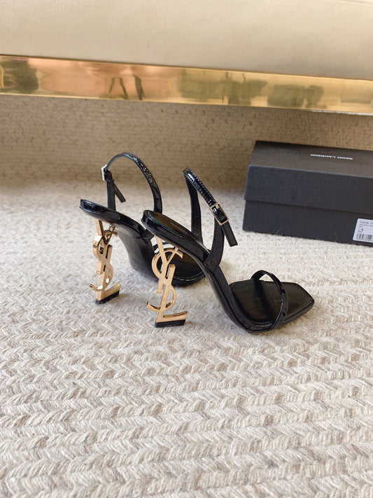 YSL Opyum Slingback Sandals Glazed Leather - Gold Logo