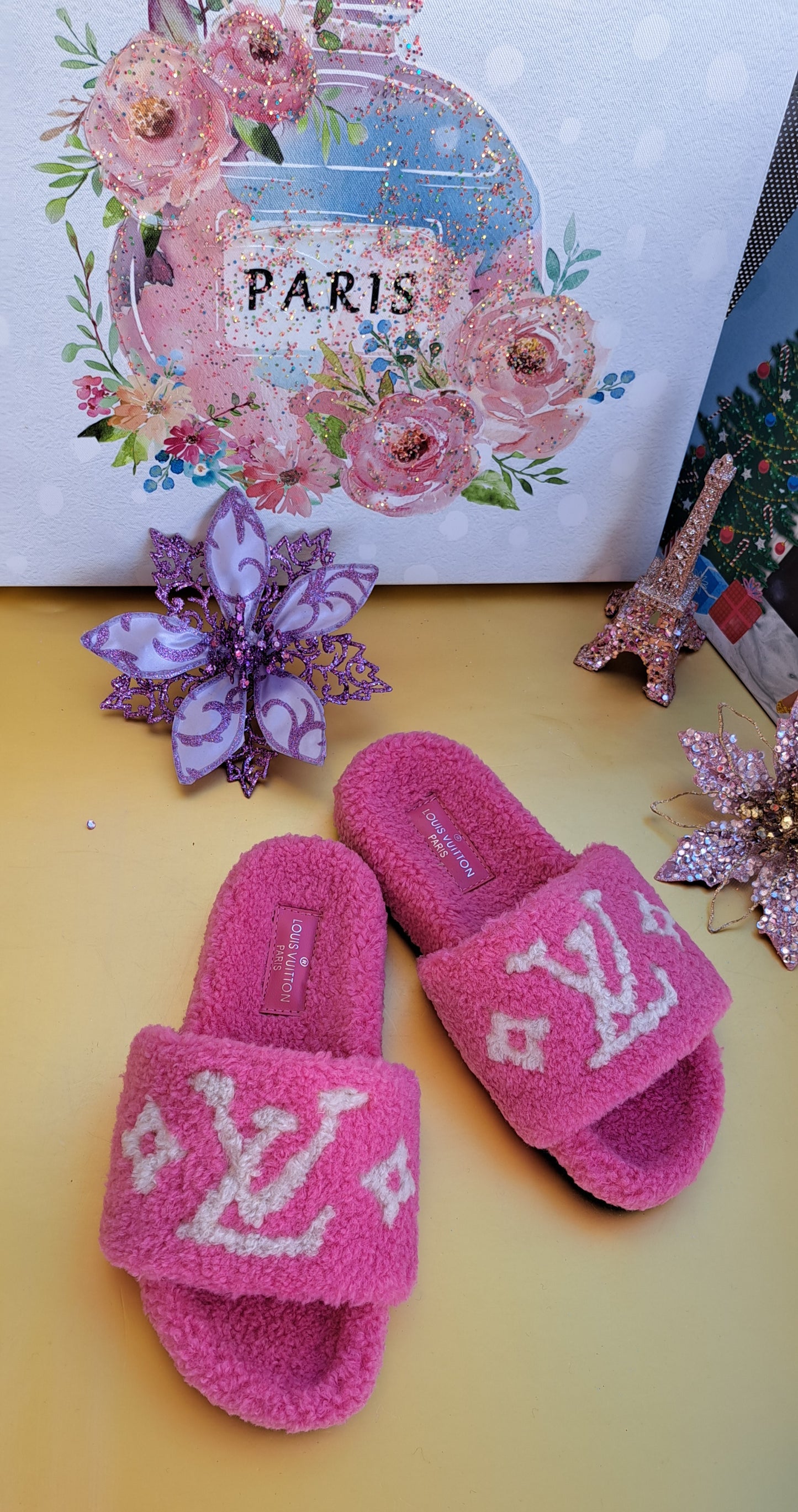 Luxury Fur Slippers _ LV Hot Pink