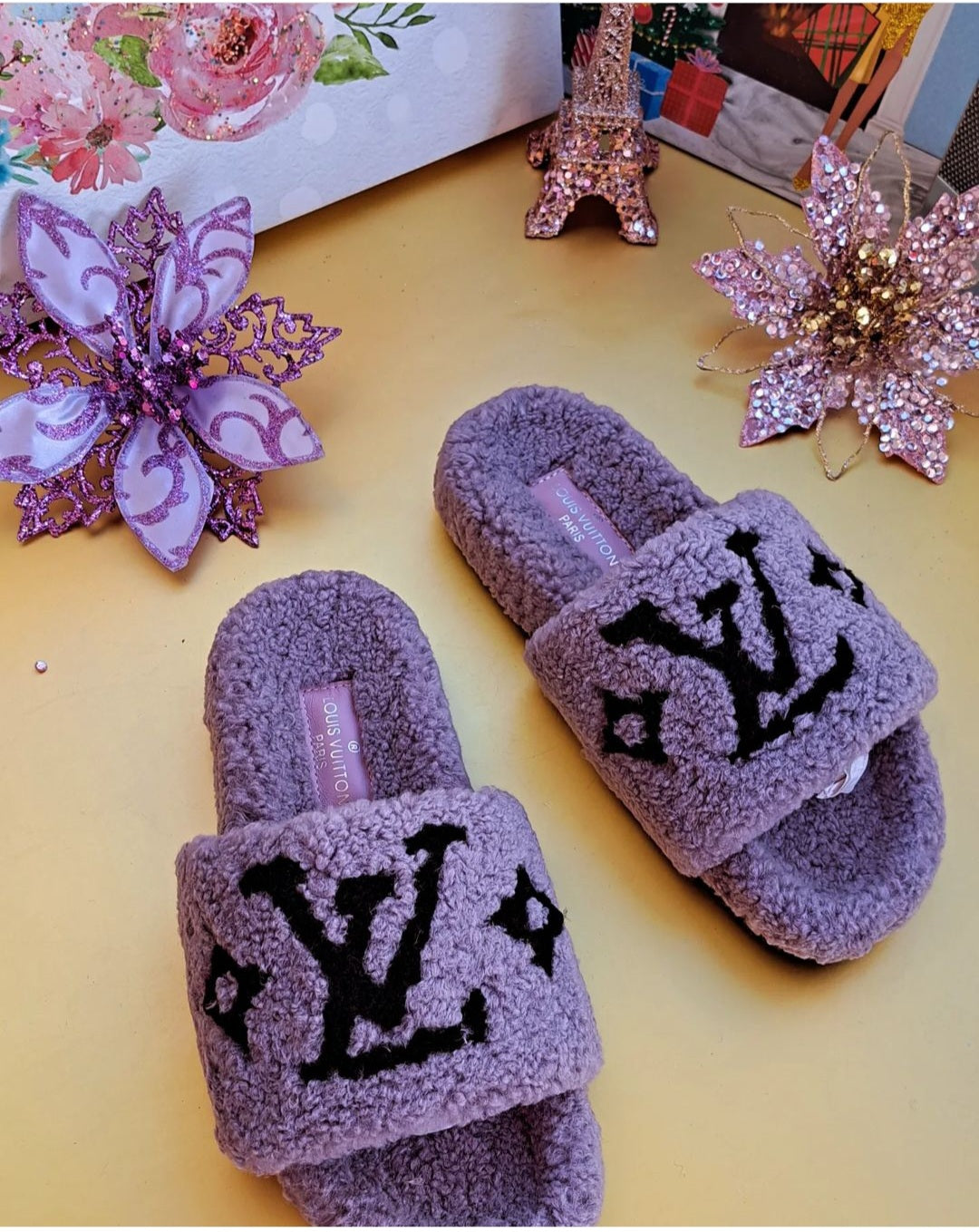 Luxury Fur Slippers _ LV  Purple