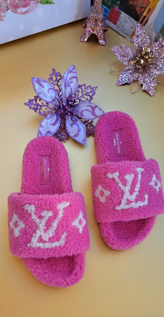 Luxury Fur Slippers _ LV Hot Pink