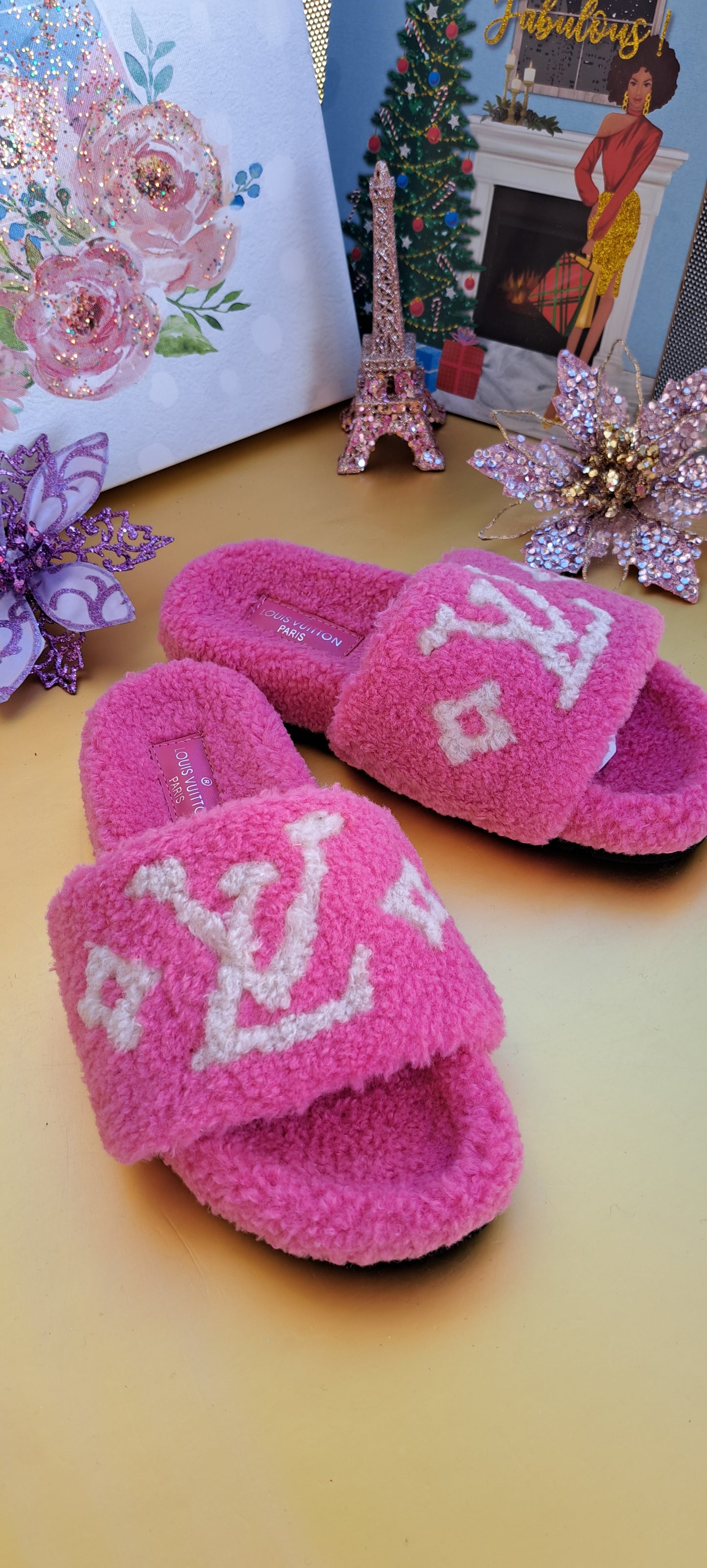 Luxury Fur Slippers _ LV Hot Pink