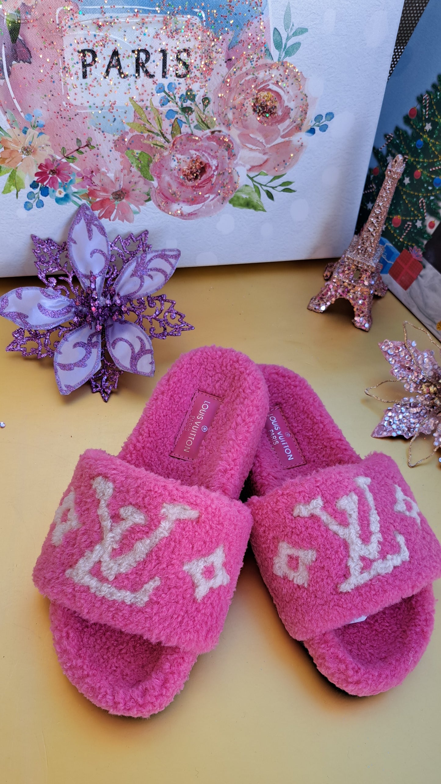 Luxury Fur Slippers _ LV Hot Pink